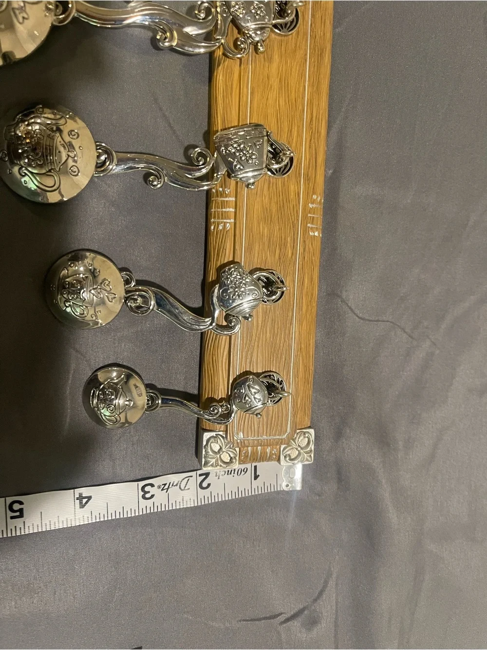 Silver Ornate Wall Hook Rack on Wood Backing - Decorative Home Hooks